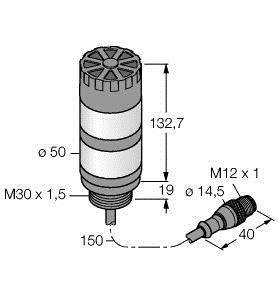 Rysunek techniczny cylindrycznej komponenty z wymiarami: wysokość 132,7 mm, średnica 50 mm, złącze M30 x 1,5, dodatkowe szczegóły złącza.