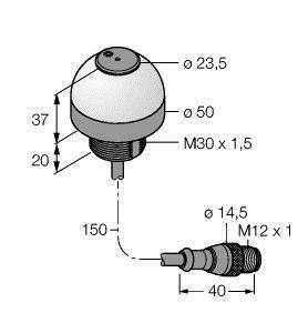 Rysunek techniczny obiektu kulistego z wymiarami: średnica 23,5, 50, całkowita długość 150 mm. Gwint M30 x 1,5; M12 x 1.