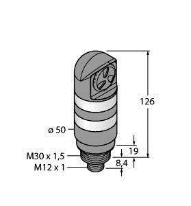 Rysunek techniczny części cylindrycznej z gwintem. Wymiary: wysokość 126 mm, średnica 50 mm, gwint M30 x 1,5 oraz M12 x 1.