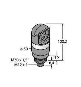 Rysunek techniczny obiektu cylindrycznego z wymiarami: wysokość 100,2 mm, średnica 50 mm, gwint M30 x 1,5 oraz M12 x 1.