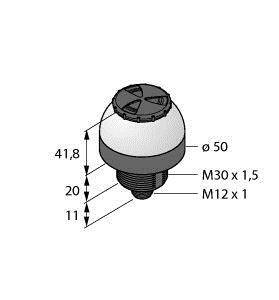 Rysunek techniczny guzika z wymiarami: wysokość 41,8 mm, średnica 50 mm. Gwint: M30 x 1,5 oraz M12 x 1.