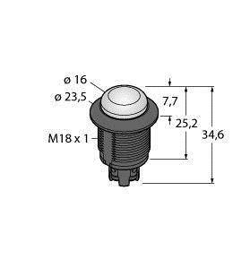 Rysunek techniczny przełącznika z wymiarami: Ø16, Ø23,5, wysokość 25,2 mm, gwint M18x1.