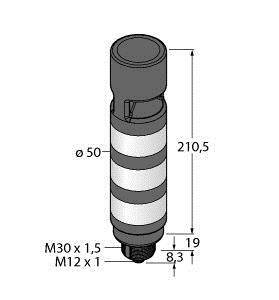 Rysunek techniczny cylindrycznego obiektu o wymiarach 210,5 mm wysokości, 50 mm średnicy, ze specyfikacją gwintu M30 x 1,5 oraz M12 x 1.