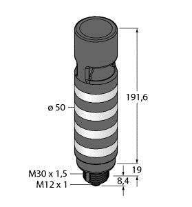 Diagram cylindrycznego elementu z wymiarami. Wysokość: 191,6 mm, średnica: 50 mm, rozmiary gwintów: M30 x 1,5 oraz M12 x 1.