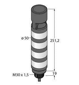 Cylindryczny przedmiot w paski o następujących parametrach: średnica 50 mm, wysokość 251,2 mm, gwint M30 x 1,5, dolny odcinek 19 mm.