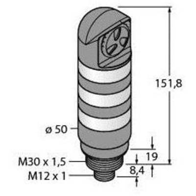 Rysunek techniczny cylindrycznego czujnika o wysokości 151,8 mm, z gwintem gwintowanym M30 x 1,5 oraz M12 x 1. Średnica ø 50 mm.
