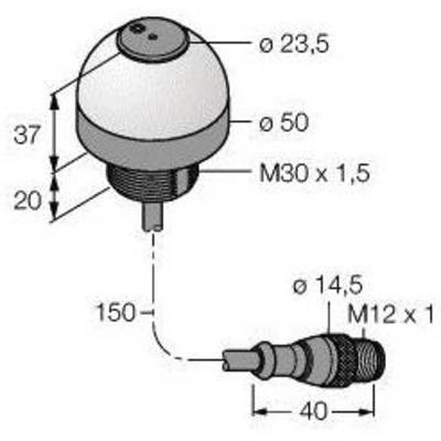 Rysunek techniczny czujnika. Wymiary: 23,5 mm Ø góra, 14,5 mm Ø dół, wysokość 37 mm, gwint M30 x 1,5, długość 150 mm do przyłącza M12 x 1.