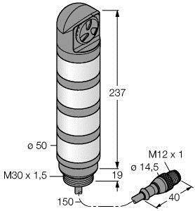 Rysunek techniczny cylindrycznej sygnalizacyjnej lampy LED z wymiarami. Wysokość: 237 mm, średnica: 50 mm. Gwint M30 x 1,5.