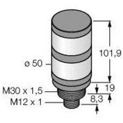 Rysunek techniczny cylindrycznego czujnika z wymiarami: średnica 50 mm, wysokość 101,9 mm, gwint M30 x 1,5 oraz M12 x 1.