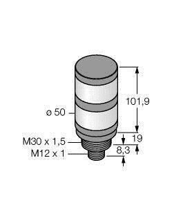 Cylindryczny element o wymiarach: wysokość 101,9 mm, średnica 50 mm. Rozmiary gwintów: M30 x 1,5 i M12 x 1, wymiar 8,3 mm.