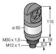 Rysunek techniczny cylindrycznego czujnika o wymiarach: wysokość 115 mm, średnica 50 mm, gwint M30 x 1,5 oraz M12 x 1.