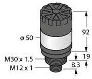 'Ilustracja cylindrycznego obiektu z gwintami M30 x 1,5 i M12 x 1. Wysokość: 92 mm, średnica: 50 mm.'