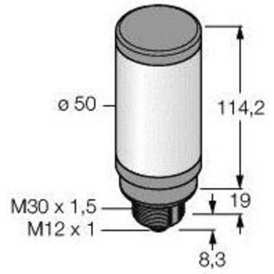 Rysunek techniczny cylindrycznego obiektu z wymiarami: średnica 50 mm, wysokość 114,2 mm, gwint M30 x 1,5 i M12 x 1.