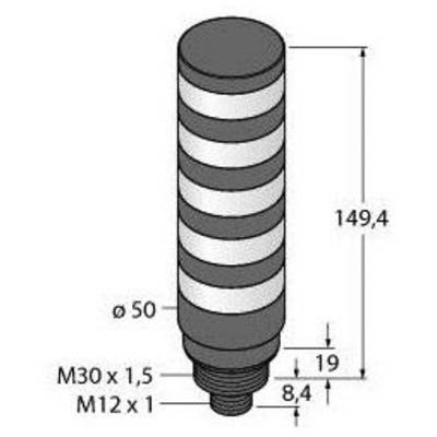Ilustracja cylindrycznego elementu z paskami. Opisy wymiarów: wysokość 149,4 mm, średnica 50 mm, gwint M30 x 1,5 oraz M12 x 1.