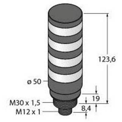 Rysunek techniczny cylindrycznego obiektu z czterema paskami, wymiary: wysokość 123,6 mm, średnica 50 mm, gwint: M30 x 1,5 oraz M12 x 1.