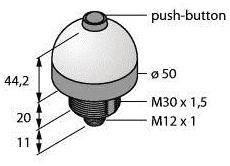Rysunek przycisku z wymiarami: średnica 50 mm, wysokość 44,2 mm, gwint M30 x 1,5 oraz M12 x 1.