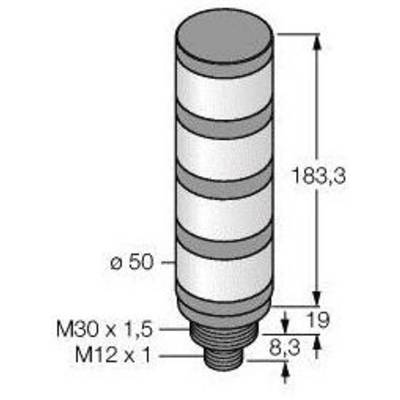 Rysunek techniczny cylindrycznego obiektu o następujących wymiarach: wysokość 183,3 mm, średnica 50 mm, gwint M30 x 1,5 oraz M12 x 1.
