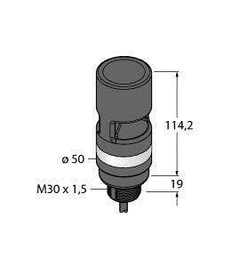 Rysunek techniczny cylindrycznej komponenty z wymiarami: wysokość całkowita 114,2 mm, średnica 50 mm, gwint M30 x 1,5.