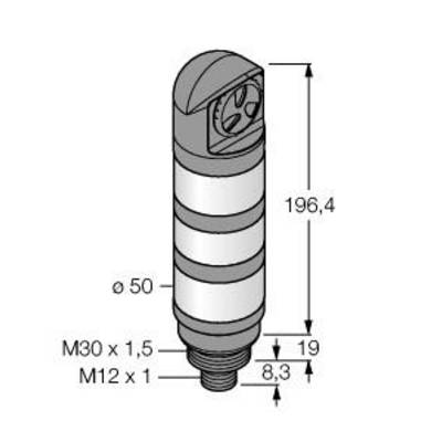 Rysunek techniczny cylindrycznego urządzenia o średnicy 50 mm i wysokości 196,4 mm. Wymiary gwintów: M30 x 1,5 oraz M12 x 1.