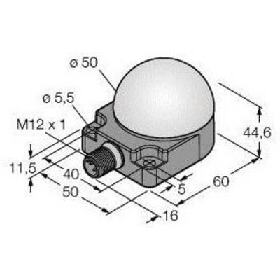 Rysunek techniczny czujnika o kształcie kulistym. Podane wymiary i gwint: M12 x 1, Ø50, wysokość 44,6 mm.