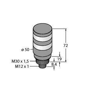 Rysunek techniczny elementu cylindrycznego o następujących wymiarach: średnica 50 mm, wysokość 72 mm, gwint M30 x 1,5, M12 x 1.