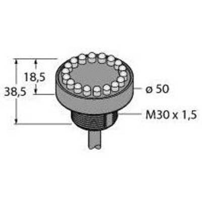 Rysunek techniczny cylindrycznego obiektu z 18 punktami świetlnymi, średnica 50 mm, wysokość całkowita 38,5 mm, gwint M30 x 1,5.