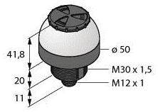 Rysunek techniczny okrągłego elementu z wymiarami: średnica 50 mm, wysokość 41,8 mm, gwint M30 x 1,5 u góry, M12 x 1 u dołu.