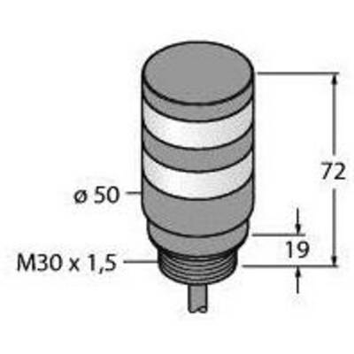 Rysunek urządzenia możliwego do układania w stos o wymiarach: wysokość 72 mm, średnica 50 mm, gwint M30 x 1,5, podstawa o wysokości 19 mm.