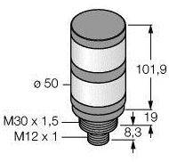 Rysunek techniczny cylindrycznego czujnika z wymiarami: wysokość 101,9 mm, średnica 50 mm, gwint M30 x 1,5 oraz M12 x 1.