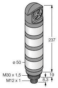 Rysunek techniczny elementu cylindrycznego o następujących parametrach: wysokość 237 mm, średnica 50 mm, gwint M30 x 1,5 oraz M12 x 1.