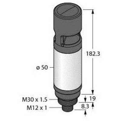 Rysunek walcowego elementu z wymiarami: wysokość 182,3 mm, średnica 50 mm. Parametry gwintu: M30 x 1,5 oraz M12 x 1.