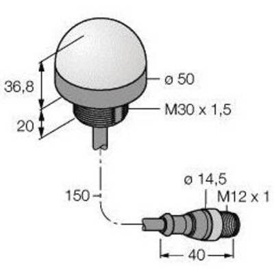 Rysunek techniczny cylindrycznego obiektu z wymiarami i oznaczeniami gwintów: ø50, M30 x 1,5. Mniejszy element: ø14,5, M12 x 1.