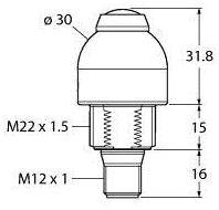 Rysunek techniczny cylindrycznego elementu złącznego z następującymi wymiarami: średnica 30 mm, długość całkowita 31,8 mm, rozmiary gwintów M22 x 1,5 oraz M12 x 1.