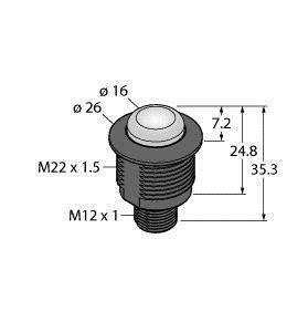 Rysunek techniczny przycisku z gwintem. Wymiary: Ø16, Ø26, M22 x 1.5, M12 x 1, wysokość 35,3 mm, ramię 24,8 mm, głębokość 7,2 mm.