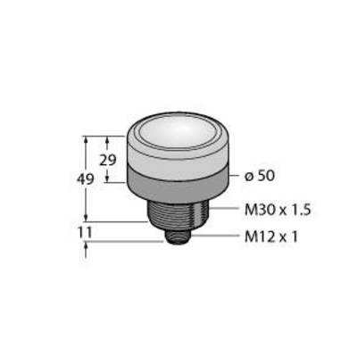 Rysunek techniczny okrągłego guzika o wymiarach: średnica 50 mm, wysokość 29 mm, średnica gwintu M30 x 1,5, M12 x 1.