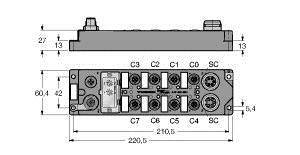 Rysunek techniczny modułu przyłączeniowego z wymiarami. Przedstawia złącza C1 do C8, pozycje śrub oraz całkowite wymiary 220,5 x 60,4 mm.