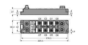 Rysunek techniczny elektrycznego modułu przyłączeniowego z przyłączami C0 do C7 oraz wymiarami w milimetrach.