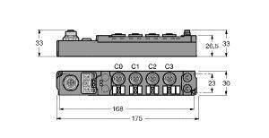 'Rysunek techniczny prostokątnego urządzenia elektronicznego z wieloma złączami o wymiarach: szerokość 168 mm, wysokość 33 mm.'