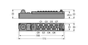 Rysunek techniczny modułu elektronicznego z widokiem z boku i z góry. Wymiary: wysokość 33, szerokość 175. Komponenty i złącza są ponumerowane od C1 do C7.