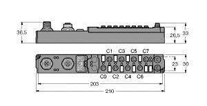 'Rysunek techniczny urządzenia z przyłączami i wymiarami. Widok górny przedstawia wysokość 36,5 mm; widok dolny długość 203 mm.'