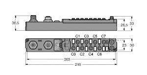 Rysunek techniczny urządzenia elektronicznego z przyłączami i wymiarami: długość 210 mm, szerokość 36,5 mm, wysokość 26,5 mm.