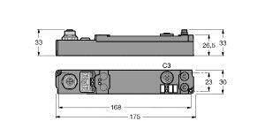 Rysunek techniczny prostokątnego urządzenia z wymiarami. Góra: wysokość 33 mm, głębokość 26,5 mm. Dół: szerokość 168 mm, całkowita szerokość 175 mm.