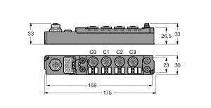 Rysunek techniczny modułu elektronicznego z pięcioma złączami. Wymiary podane są w milimetrach.