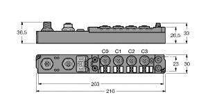 Rysunek techniczny rozdzielnicy elektrycznej. Przedstawia widok z boku i z przodu wraz z przyłączami i dokładnymi wymiarami w milimetrach.