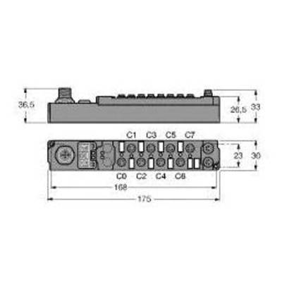 Rysunek techniczny złącza elektrycznego z wymiarami: szerokość 175 mm, wysokość 26,5 mm, zaznaczone różne pozycje od C1 do C7.