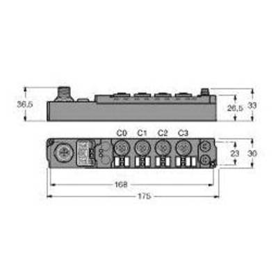 Rysunek techniczny modułu elektronicznego o wymiarach: 175 mm długości, 33 mm wysokości i 26,5 mm szerokości. Oznaczony symbolami C0, C1, C2, C3.