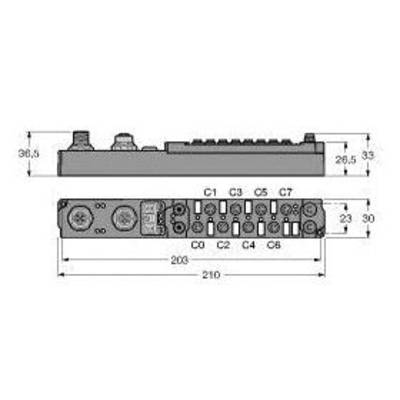 Czarno-białe diagram elektronicznego urządzenia z wieloma złączami (C0-C8) o wymiarach: wysokość 36,5 mm, szerokość 210 mm.