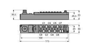 Rysunek techniczny modułu elektronicznego z wyprowadzeniami C1-C7. Wymiary: wysokość 36,5 mm, szerokość 175 mm, głębokość 26,5 mm.