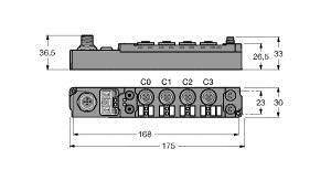 Rysunek techniczny urządzenia z złączami, widok z boku i z przodu. Wymiary: 36,5 mm wysokości, 175 mm szerokości.