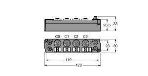 Rysunek techniczny wtyczki z pięcioma przyłączami oraz wymiarami. Pokazuje szerokość 126 mm, wysokość 33 mm, głębokość 26,5 mm.